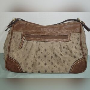 Caribbean Joe Shoulder Bag Satchel Purse Tan Fabric W Brass Logo Plate
